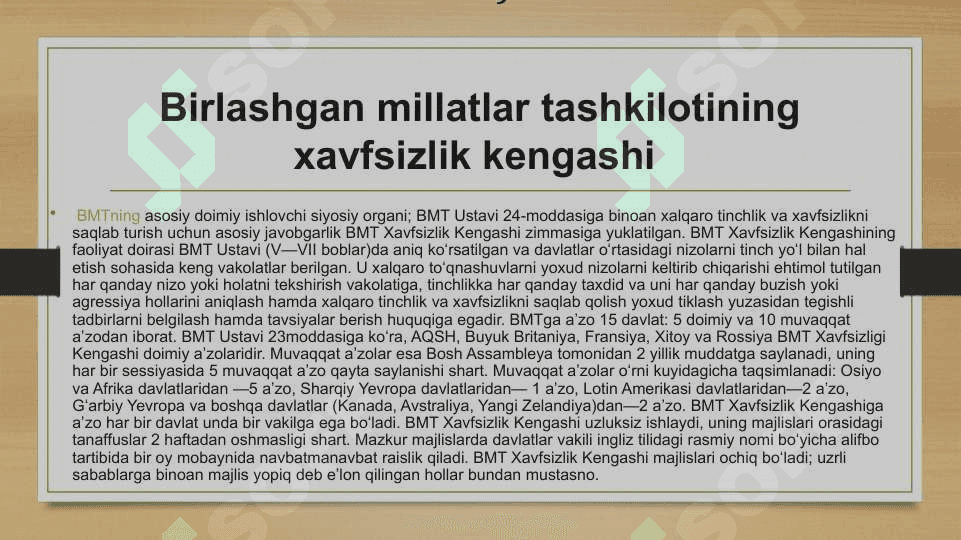 BMTning Xavfsizlik kengashi vakolatlari va funksiyalari 2