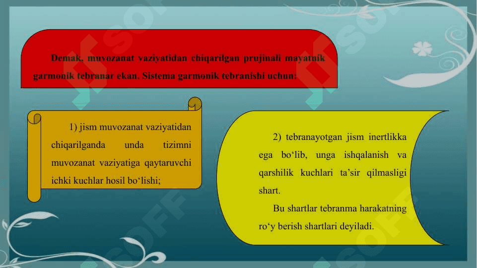 Garmonik tebranishlar.Mayatniklar.Elastik muhitdagi to`lqinlar.To`lqinlarning muhitda tarqalishi.Tovush to`lqinlari. 8