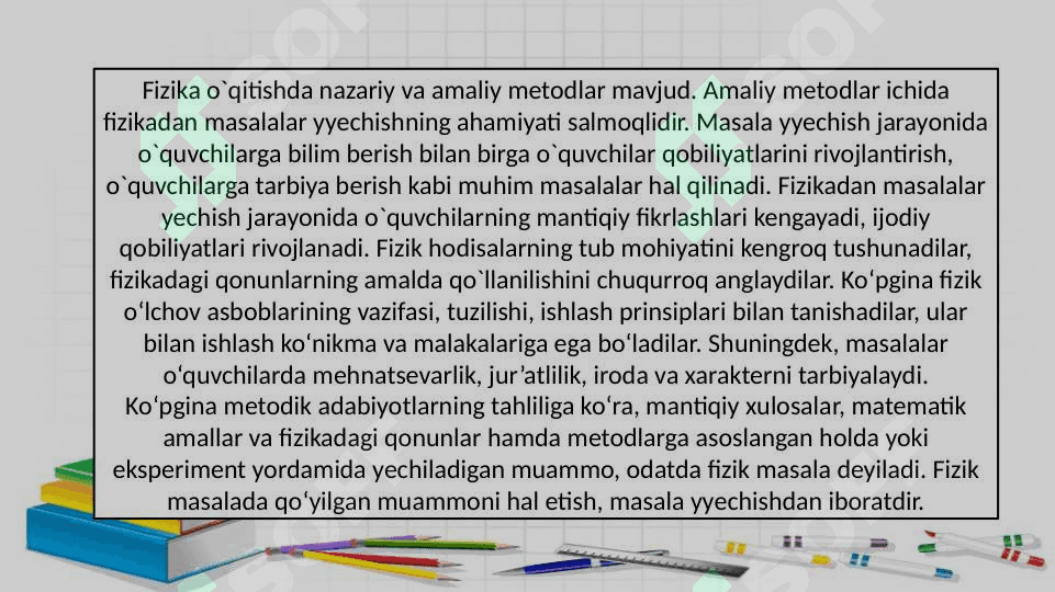 SIFATGA OID MASALALAR VA ULARNI YECHISH METODIKASI. EKSPERIMENTAL MASALALAR VA ULARNI YECHISH METODIKASI 3