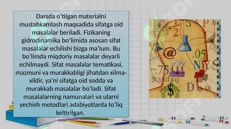 SIFATGA OID MASALALAR VA ULARNI YECHISH METODIKASI. EKSPERIMENTAL MASALALAR VA ULARNI YECHISH METODIKASI 7