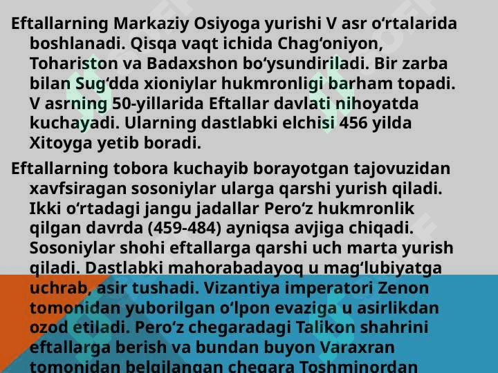 iLK O’RTA ASRLARDA  O’ZBEK DAVLATCHILIGI. EFTALILAR DAVLATI VA TURK HOQONLIGI 5