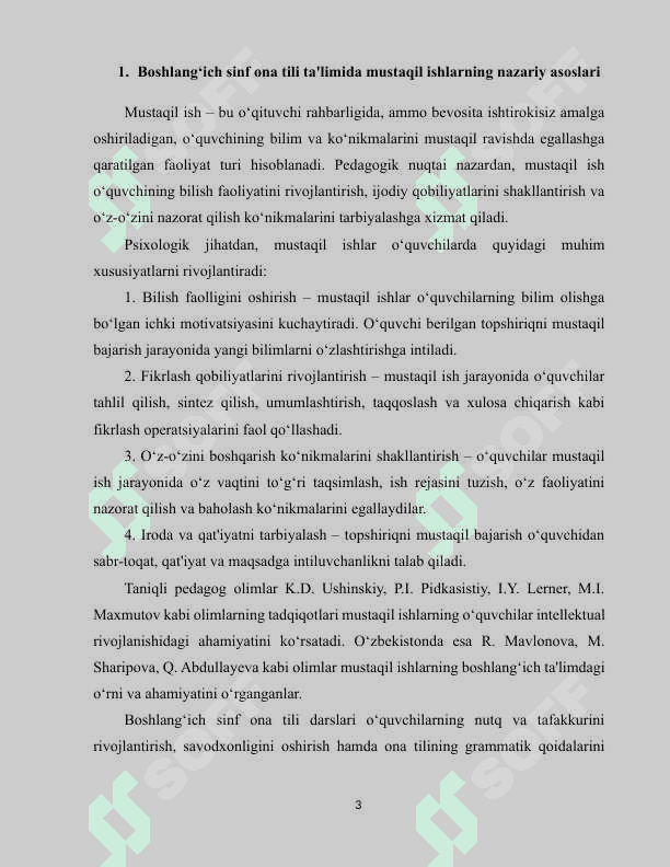 Boshlang‘ich sinf (3)  ona tili darslarida mustaqil ishlardan foydalanish metodikasi 3