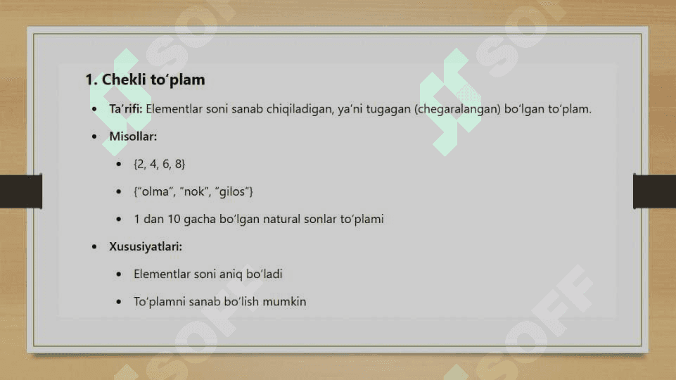To'plamlar va ular ustida amallar. Cheksiz va chekli to‘plamlar 4