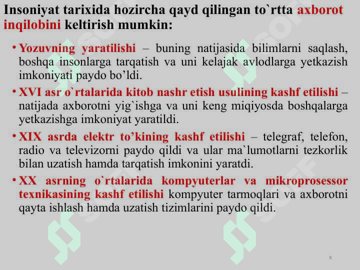 Axborotlashgan jamiyat va uning rivojlanish bosqichlari . 8
