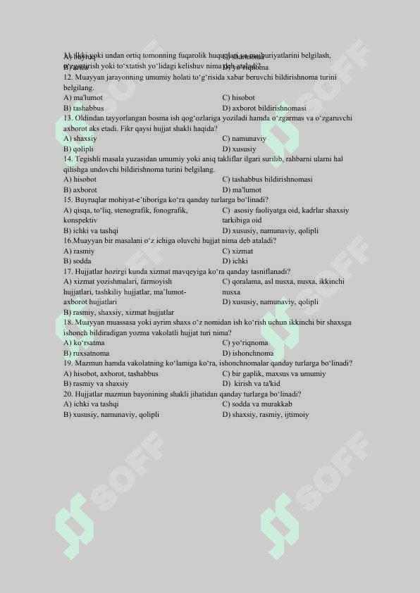 Davlat tilida ish yuritishdan variantli testlar 2-variant 2