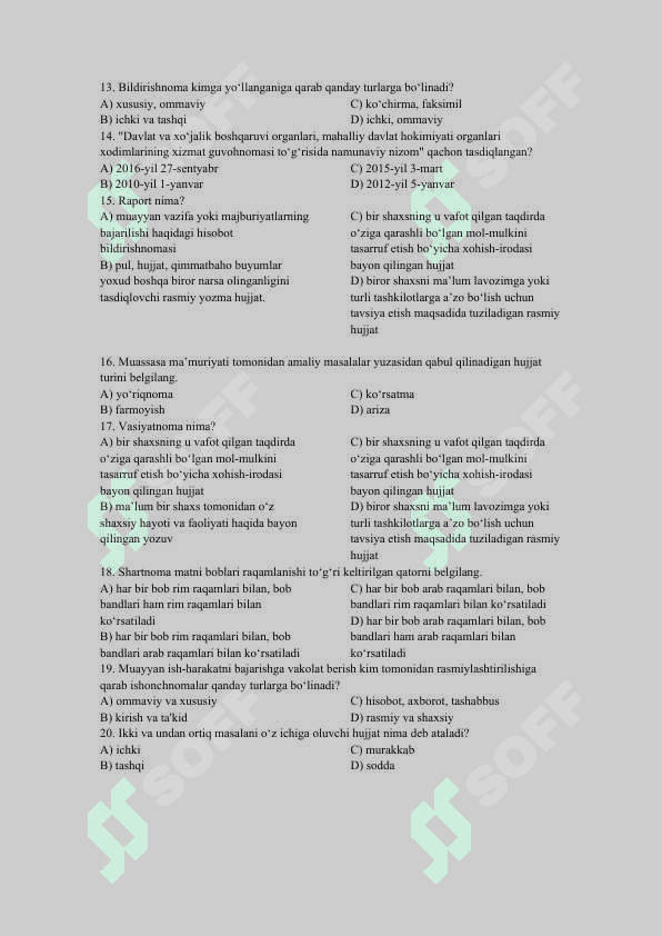 Davlat tilida ish yuritishdan variantli test 3-variant 2