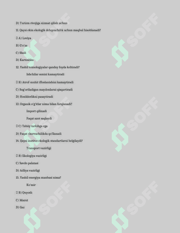 O'zbyekistonda ekologik toza qishloq ho'jaligi va agrar syektorda yashil yondashuvlarni qo'llab-quvvatlash masalalari . Test javoblari bilan 3