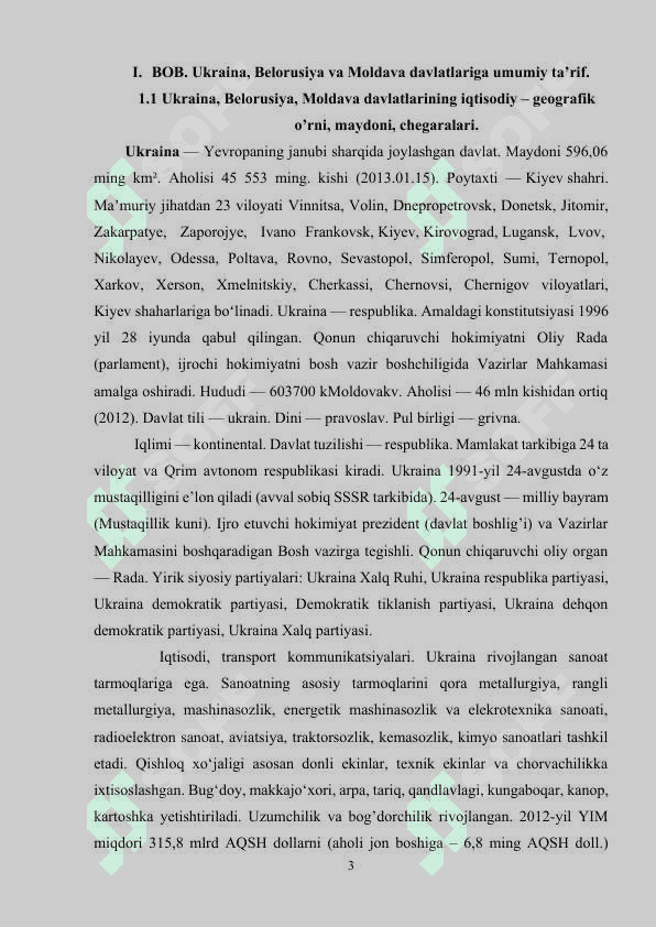 Ukraina, Belorusiya va Moldava davlatlariga qiyosiy iqtisodiy-geografik tavsifi 3