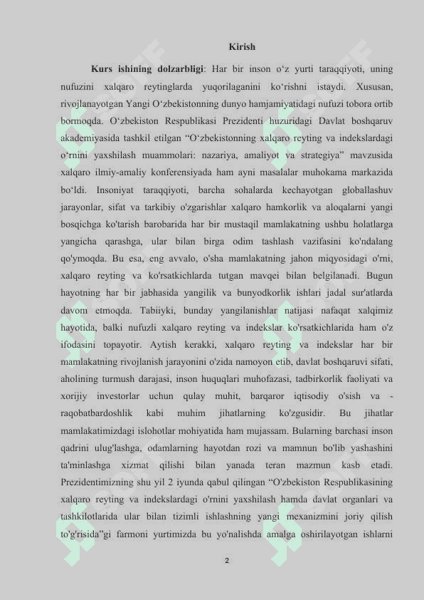 O'zbekiston Respublikasining xalqaro reyting va indekslaridagi o'rnini yaxshilash borasidagi huquqiy normativ hujjatlarning qabul qilinishi 2