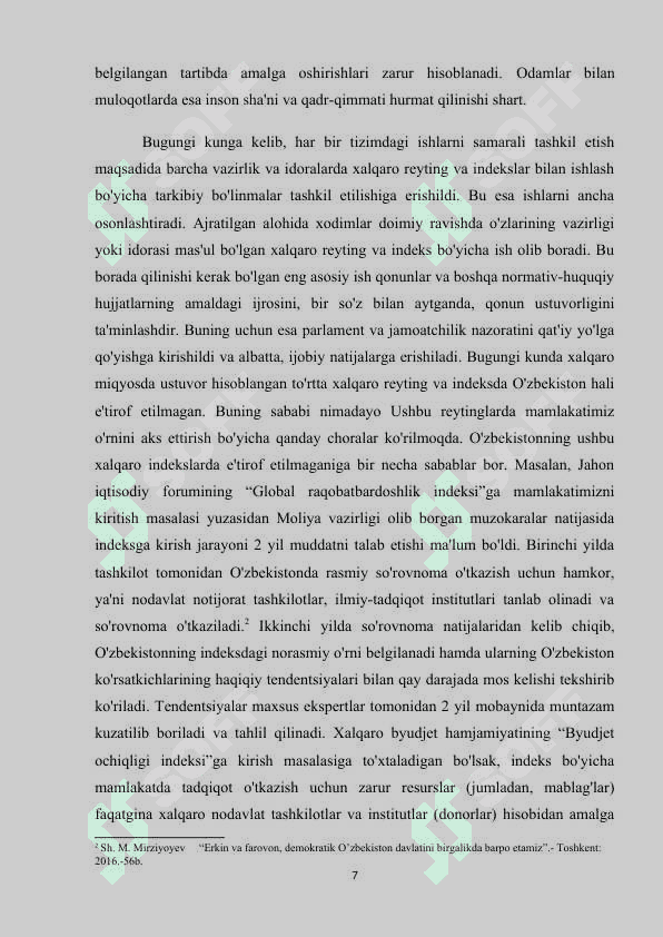 O'zbekiston Respublikasining xalqaro reyting va indekslaridagi o'rnini yaxshilash borasidagi huquqiy normativ hujjatlarning qabul qilinishi 7