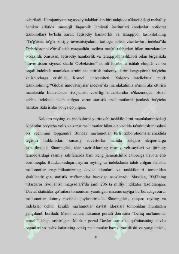 O'zbekiston Respublikasining xalqaro reyting va indekslaridagi o'rnini yaxshilash borasidagi huquqiy normativ hujjatlarning qabul qilinishi 8