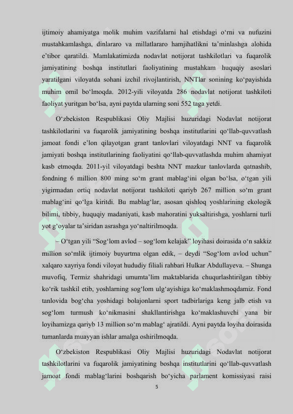 O'zbekistonda nodavlat notijorat tashkilotlari va ularning  siyosiy, ijtimoiy hamda iqtisodiy jarayonlarda tutgan o'rni 5