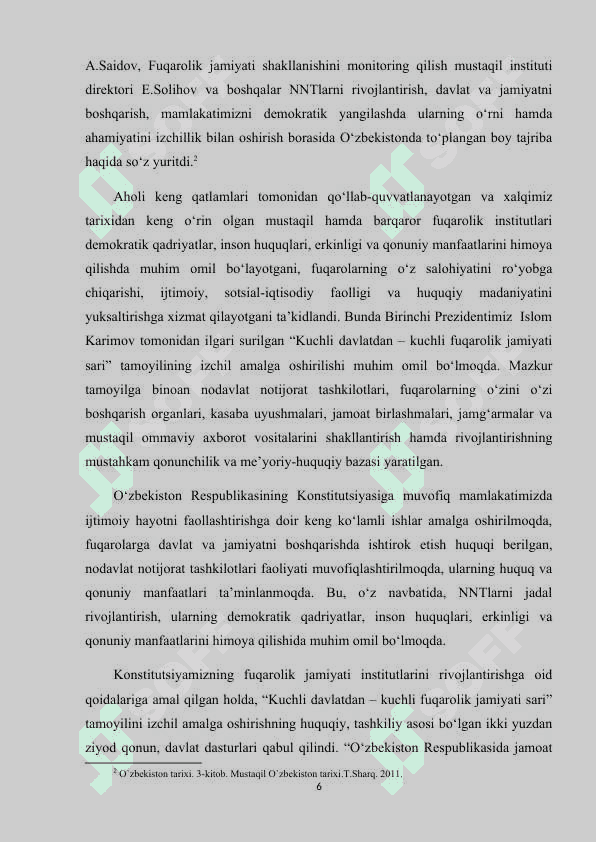 O'zbekistonda nodavlat notijorat tashkilotlari va ularning  siyosiy, ijtimoiy hamda iqtisodiy jarayonlarda tutgan o'rni 6
