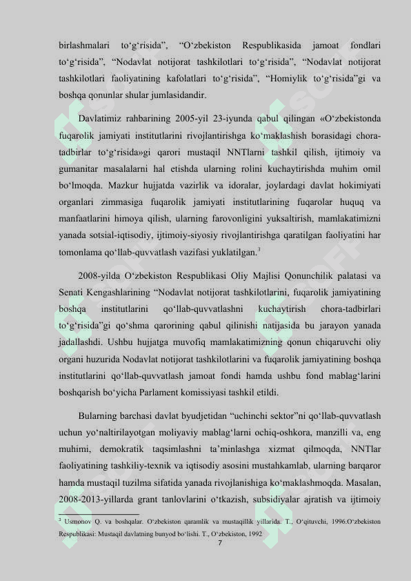 O'zbekistonda nodavlat notijorat tashkilotlari va ularning  siyosiy, ijtimoiy hamda iqtisodiy jarayonlarda tutgan o'rni 7