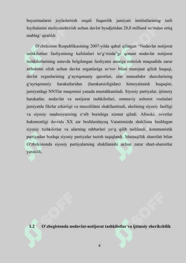O'zbekistonda nodavlat notijorat tashkilotlari va ularning  siyosiy, ijtimoiy hamda iqtisodiy jarayonlarda tutgan o'rni 8