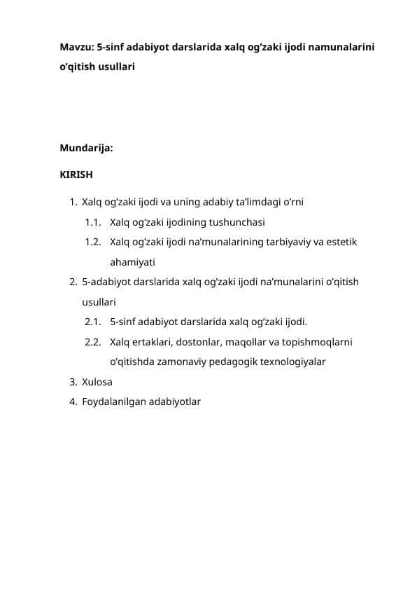 5-sinf adabiyot darslarida xalq og'zaki ijodinio'qitish