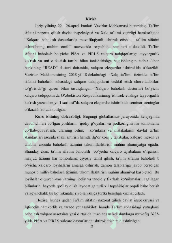 Pisa 2021 xalqaro tadqiqoti doirasida o‘quvchilarning tabiiy fanlar bo‘yicha savodxonligini baholash 2
