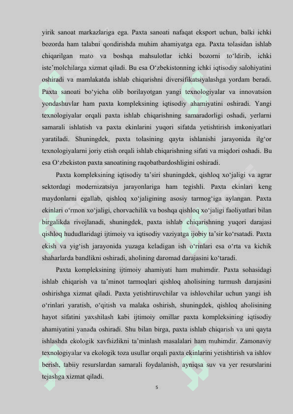 Respublikamiz paxta kompleksini eksport salohiyatidagi o‘rni va axamiyat 5
