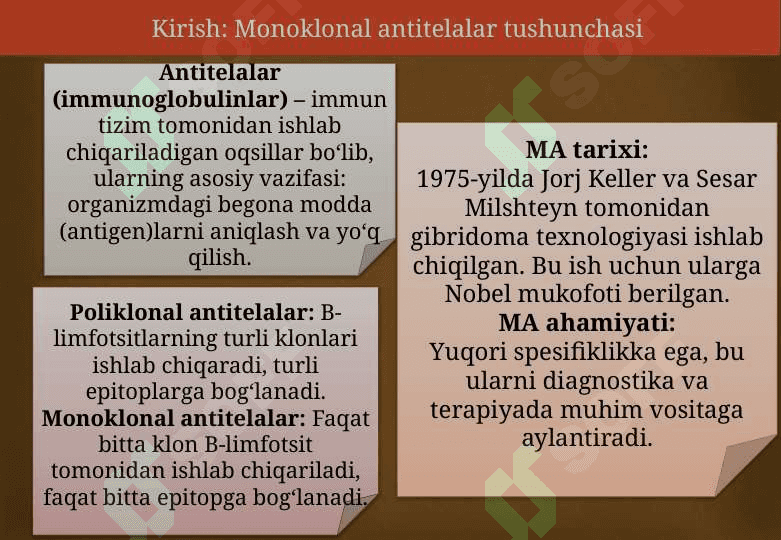 Monoklonal antitelalar, ularning olinishi, tiplari va amaliyotda qo‘llanilishi. 2