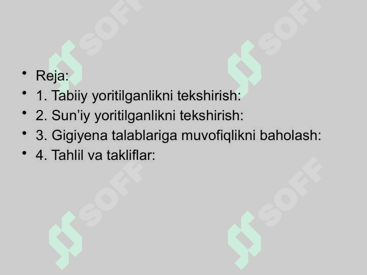 Xonalarning tabiiy va sun'iy yoritilganlik korsatkichlarini tekshirish va baholash 2