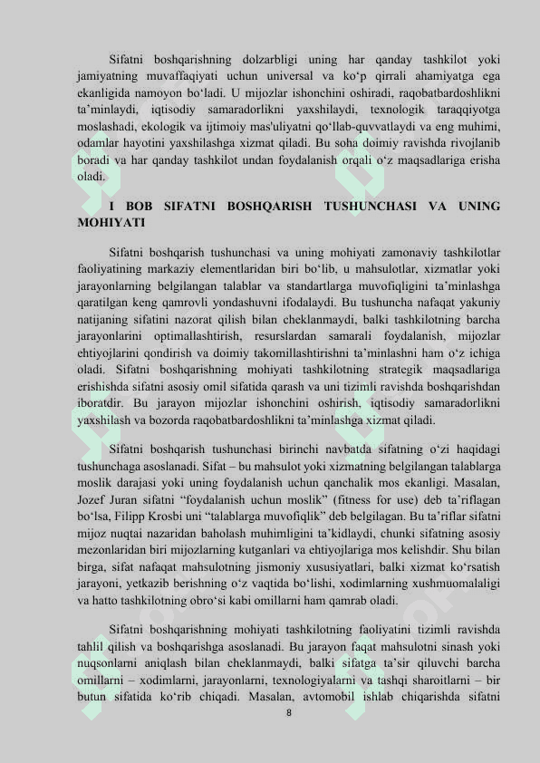 MAVZU: SIFATNI BOSHQARISH. Kurs ishi 8