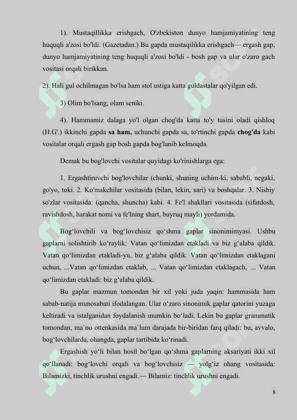 Qo‘shma gapning qismlari orasidagi funksional  munosabatlarga ko‘ra turlari. 8