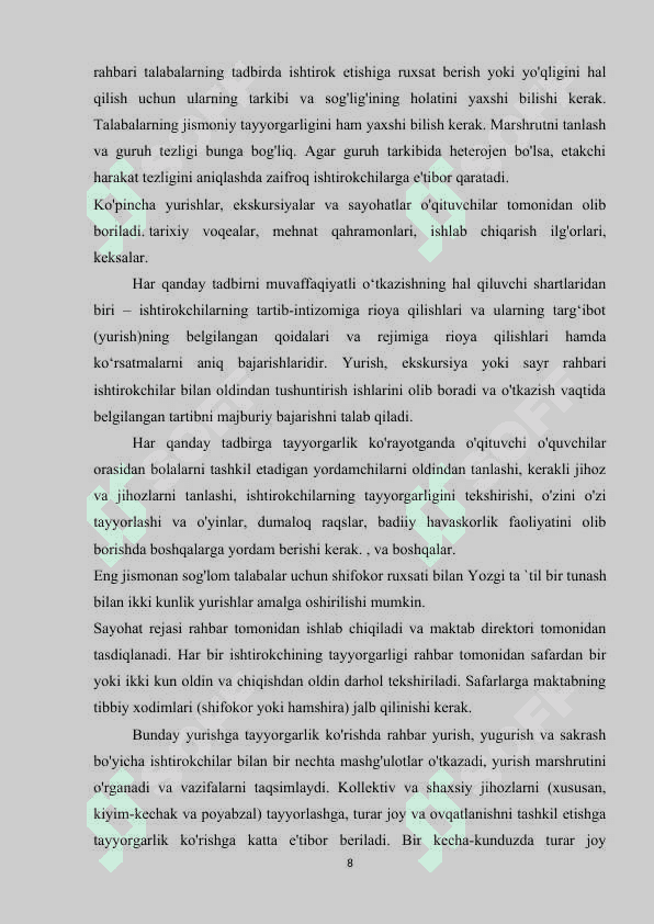 Sinfdan tashqari olib boriladigan jismoniy tarbiya ishlariga tavsif 8