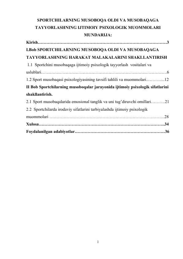 SPORTCHILARNING MUSOBOQA OLDI VA MUSOBAQAGA TAYYORLASHNING IJTIMOIY PSIXOLOGIK MUOMMOLARI