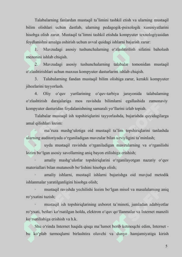 Talabalar metodik usul va vositalardan mustaqil foydalanishda koʻnikma va malakalarni hosil qilish 5