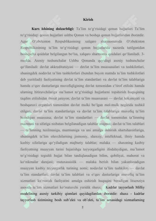 Ta'lim to'g'risidagi qonun va Kadrlar tayyorlash milliy dasturi 2