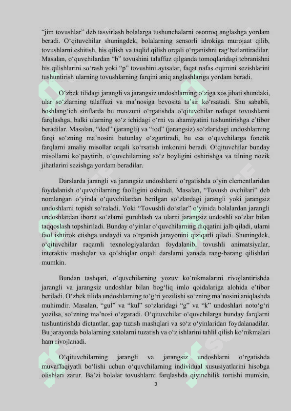 MAVZU: Boshlang’ich sinflarda jarangli va jarangsiz undoshlar bilan ishlash usullari. Kurs ishi 3