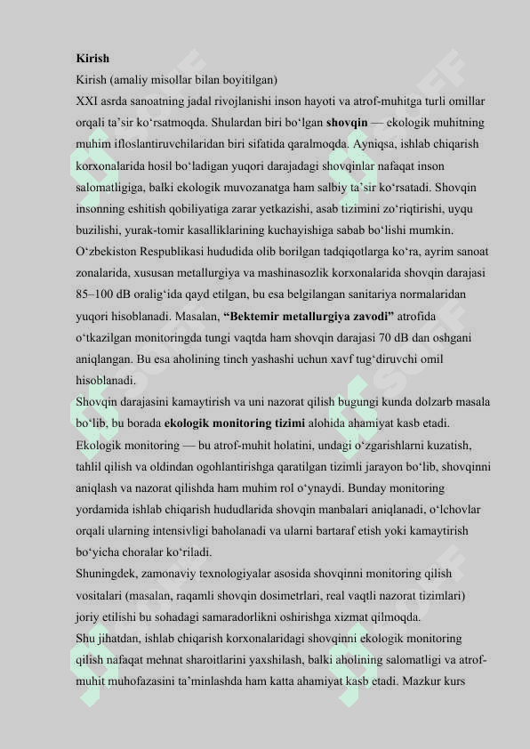 Kurs ishi. Ishlab chiqarish korxonalaridagi shovqinni ekologik monitoring qilis1 3