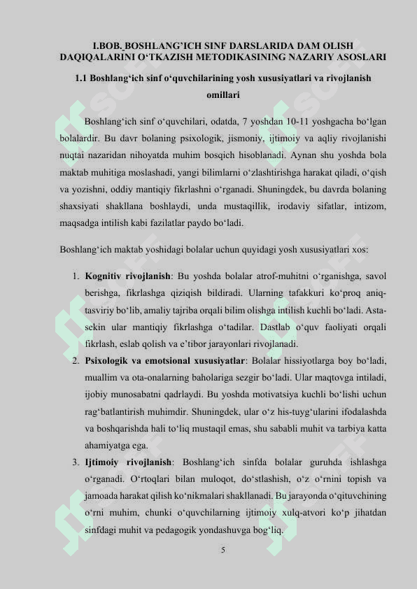 BOSHLANG’ICH SINF DARSLARIDA DAM OLISH DAQIQALARINI O‘TKAZISH METODIKASI 5