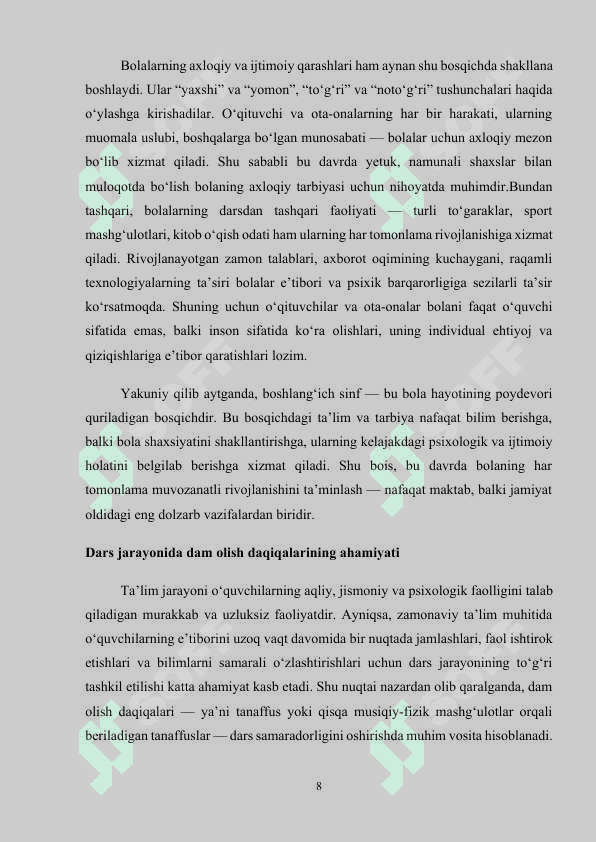 BOSHLANG’ICH SINF DARSLARIDA DAM OLISH DAQIQALARINI O‘TKAZISH METODIKASI 8