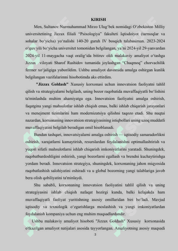 KORXONA FAOLIYATINI O'RGANISH BO'YICHA MALAKAVIY AMALIYOT HISOBOTI 3