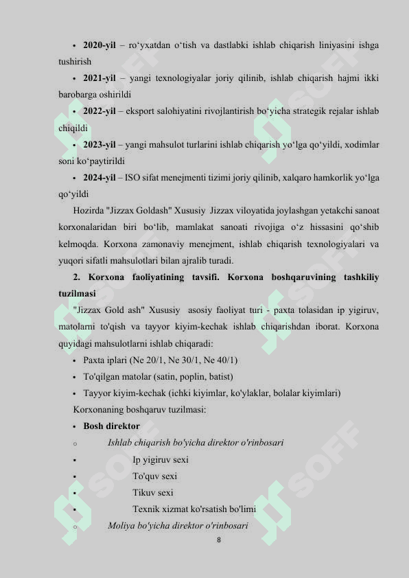 KORXONA FAOLIYATINI O'RGANISH BO'YICHA MALAKAVIY AMALIYOT HISOBOTI 8