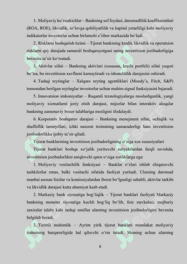 Tijorat banklarining invistitsion jozibadorligini ta'minlash yo'llari tayyor 8
