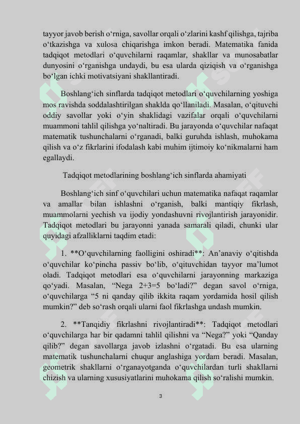 MAVZU: Boshlang’ich sinf matematika fanini o’qitishda tadqiqot metodlaridan foydalanish. Kurs ishi 3