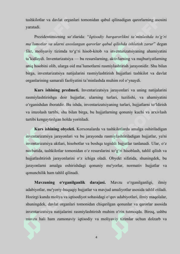 Inventarizatsiya natijalarini rasmiylashtirish hujjatlari to‘g‘risida tushuncha va ularning tavsifi. kurs ishi 4