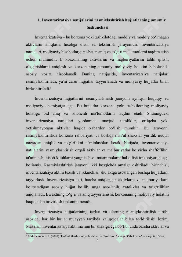 Inventarizatsiya natijalarini rasmiylashtirish hujjatlari to‘g‘risida tushuncha va ularning tavsifi. kurs ishi 6