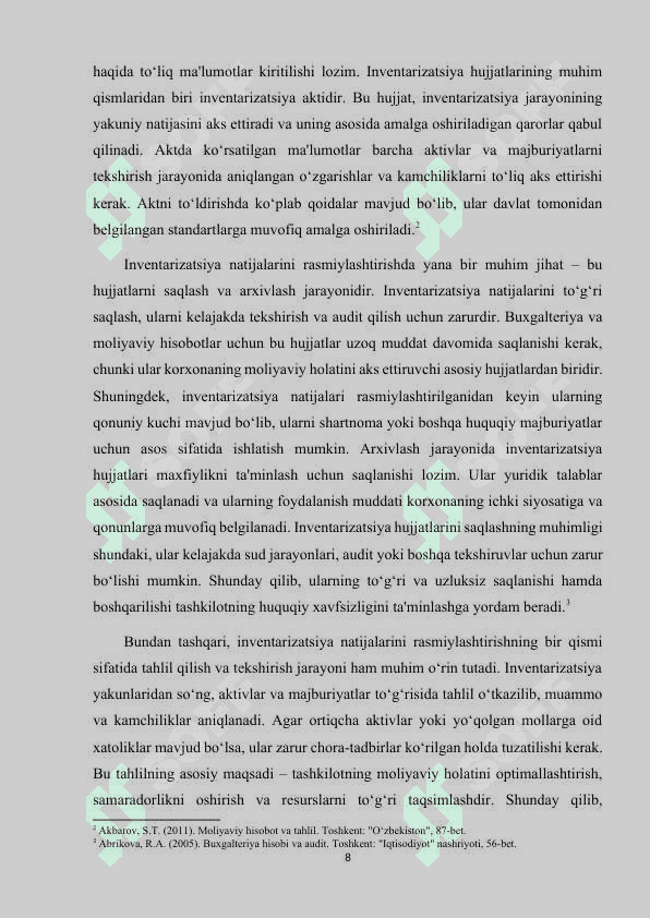 Inventarizatsiya natijalarini rasmiylashtirish hujjatlari to‘g‘risida tushuncha va ularning tavsifi. kurs ishi 8