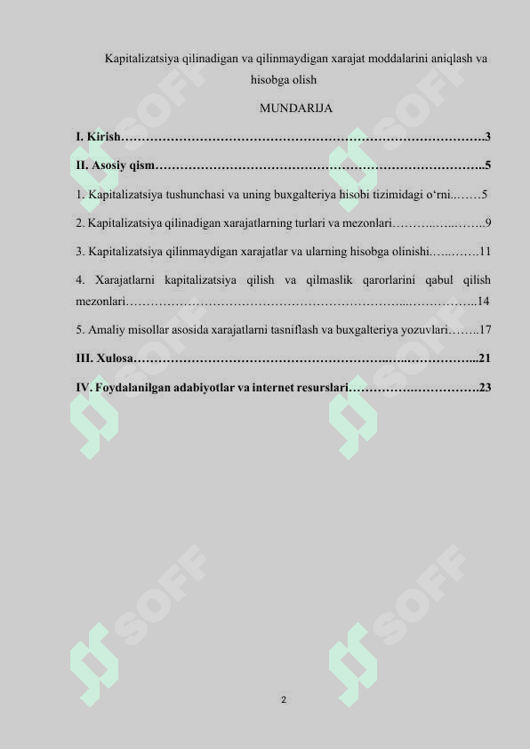 Kapitalizatsiya qilinadigan va qilinmaydigan xarajat moddalarini aniqlash va hisobga olish. kurs ishi 2