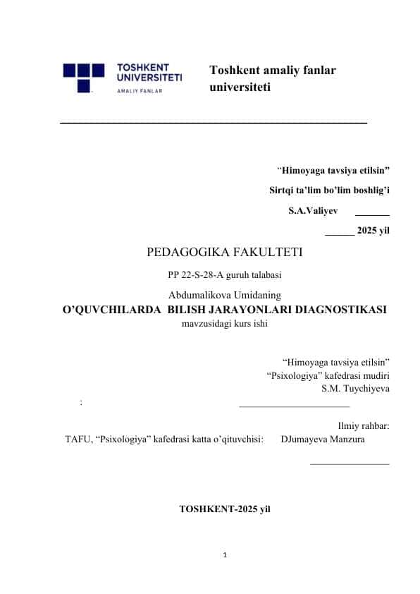 O’QUVCHILARDA  BILISH JARAYONLARI DIAGNOSTIKASI