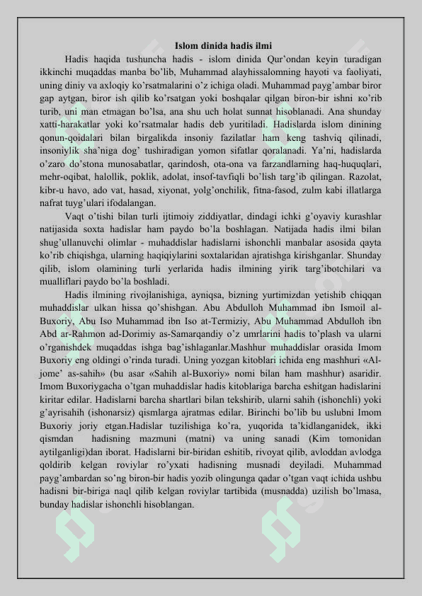 Islom dinida hadis ilmi 2
