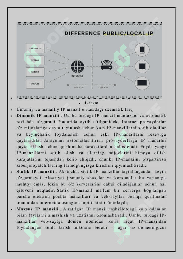 1. IP nima ? 2. IPv6 protokoli haqida 3. IPv6 protokoli, manzil turlari haqida "IP-manzil" atamasi internetdagi yoki mahalliy tarmoqdagi foydalanuvchilarni va ularning qurilmalarini aniqlaydigan noyob manzilni anglatadi. IP qisqartmasi "Internet Protocol" degan ma'noni anglatadi , bu ma'lumotlarning internet yoki mahalliy tarmoq orqali yuborilishi qoidalari to'plamidir. Asosan, IP 7