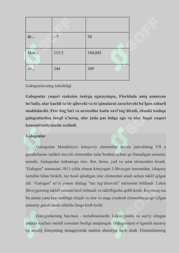 Galogenlar: xossalari, tuzilishi va qo‘llanilishi | Kimyo | Referat | 1-kurs 3