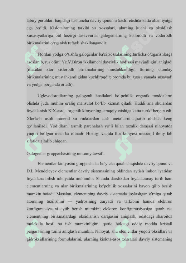 Galogenlar: xossalari, tuzilishi va qo‘llanilishi | Kimyo | Referat | 1-kurs 4