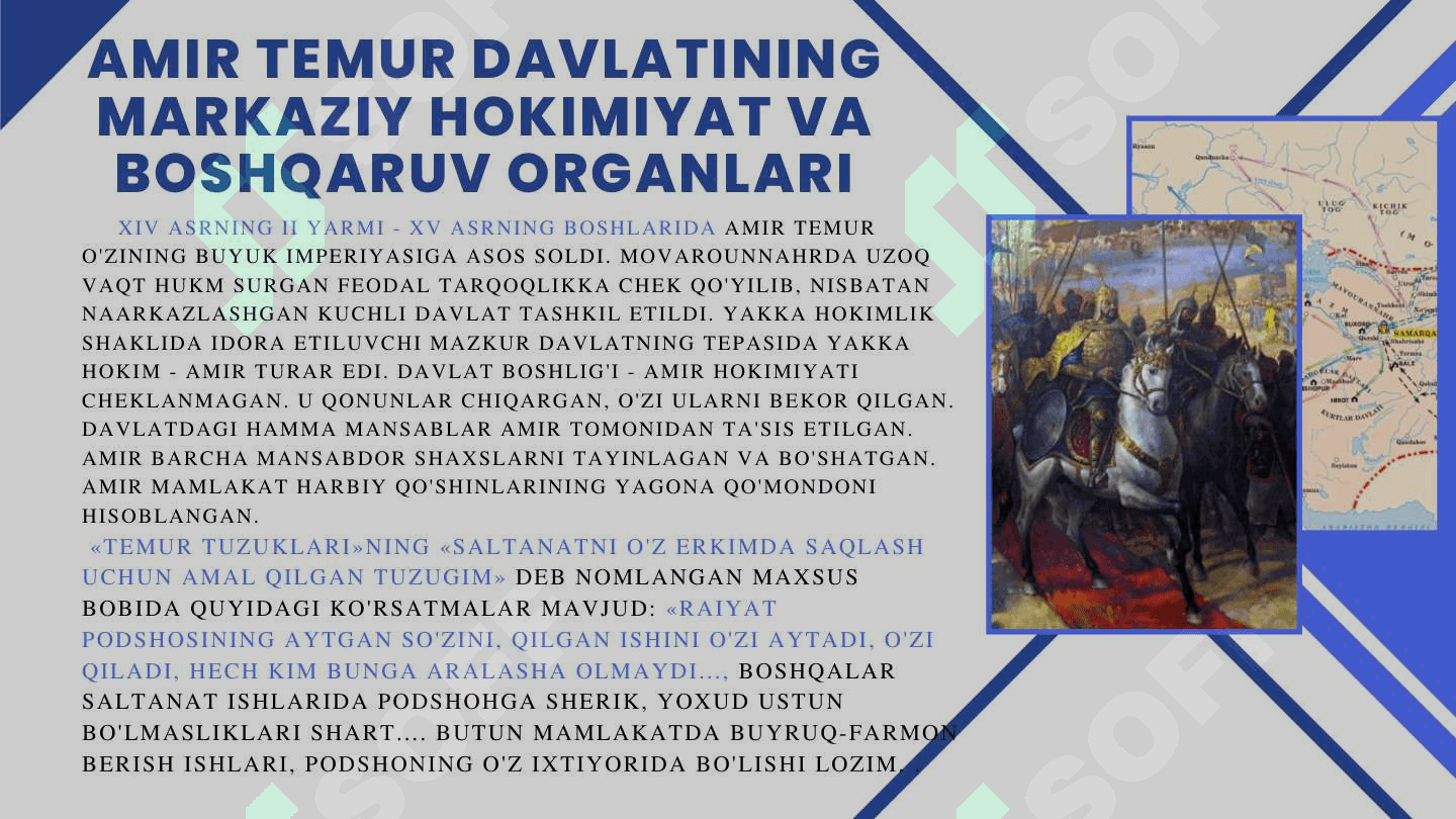 Amir Temurning boshqaruv tamoyillari: adolat, tartib va siyosiy zakovat | Taqdimot | Mustaqil ish | 1-kurs 3