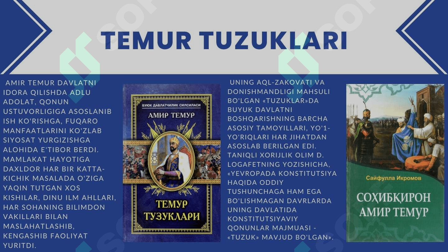 Amir Temurning boshqaruv tamoyillari: adolat, tartib va siyosiy zakovat | Taqdimot | Mustaqil ish | 1-kurs 4