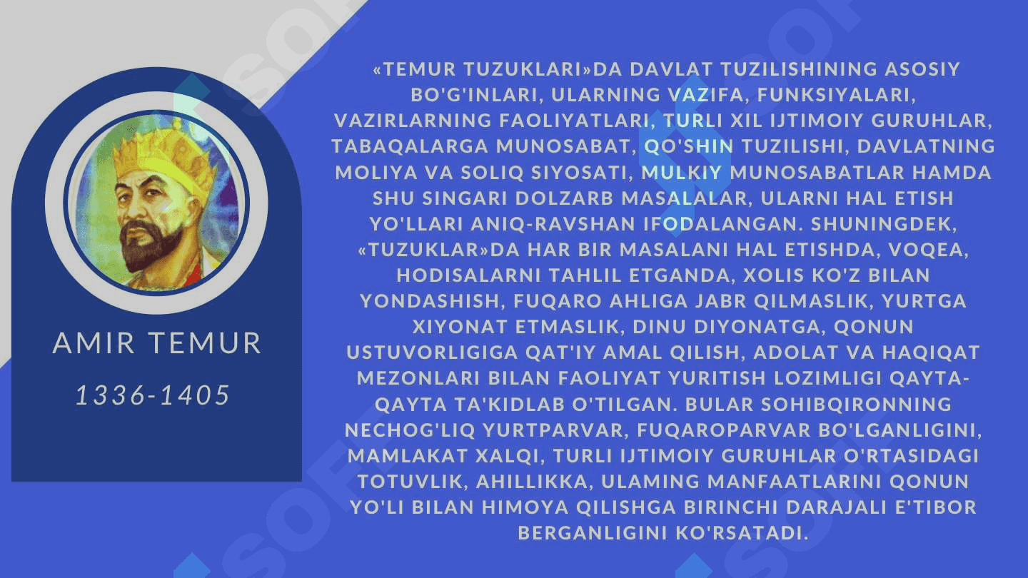 Amir Temurning boshqaruv tamoyillari: adolat, tartib va siyosiy zakovat | Taqdimot | Mustaqil ish | 1-kurs 5